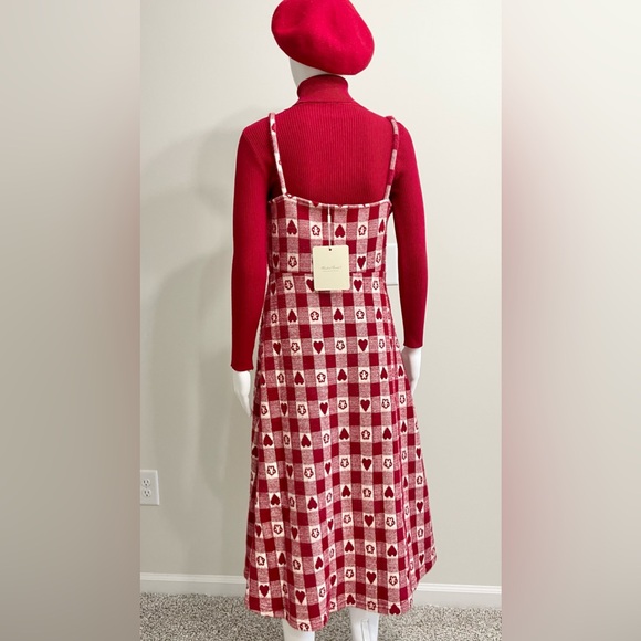 White & Red Checkered Heart Pattern Pom-Pom Front Tie Wool Blend Midi Dress M/L - Picture 9 of 13